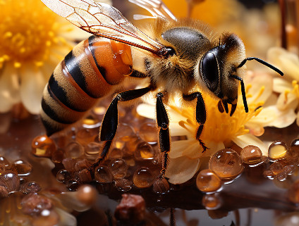 Honeybee on yellow blooms with nectar droplets